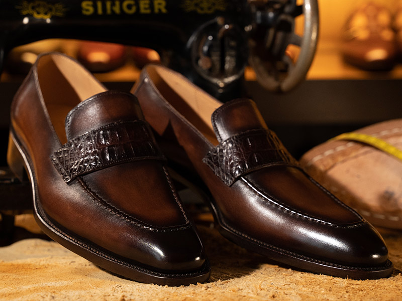 patina擦色鱷魚皮鑲拼小牛皮樂福鞋