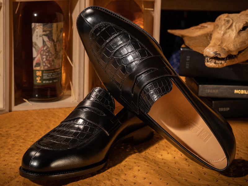 鱷魚皮鑲拼小牛皮樂福鞋