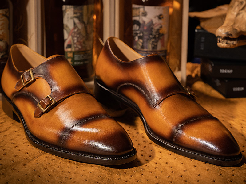 Patina Double Buckle Monk Shoes
