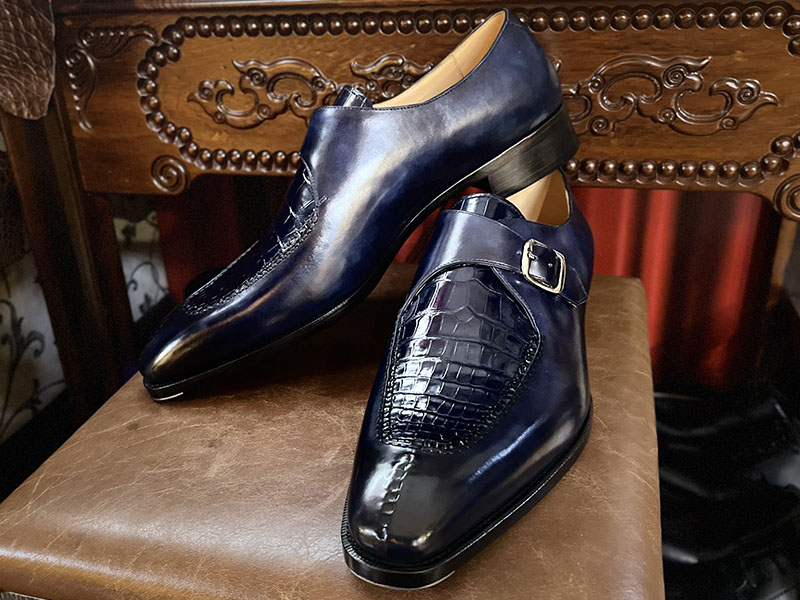 擦色鱷魚皮鑲拼博物館皮單扣孟克鞋